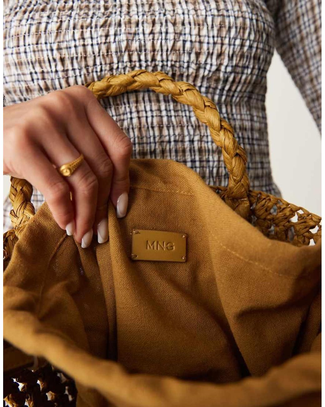 Mango Gray Raffia Bucket Bag With Linning