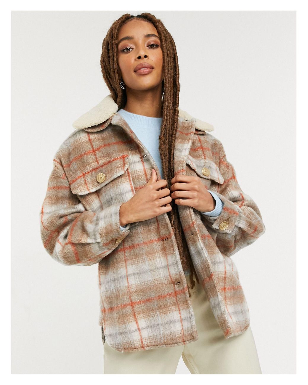Pull\u0026Bear Borg Collar Shacket in Brown 