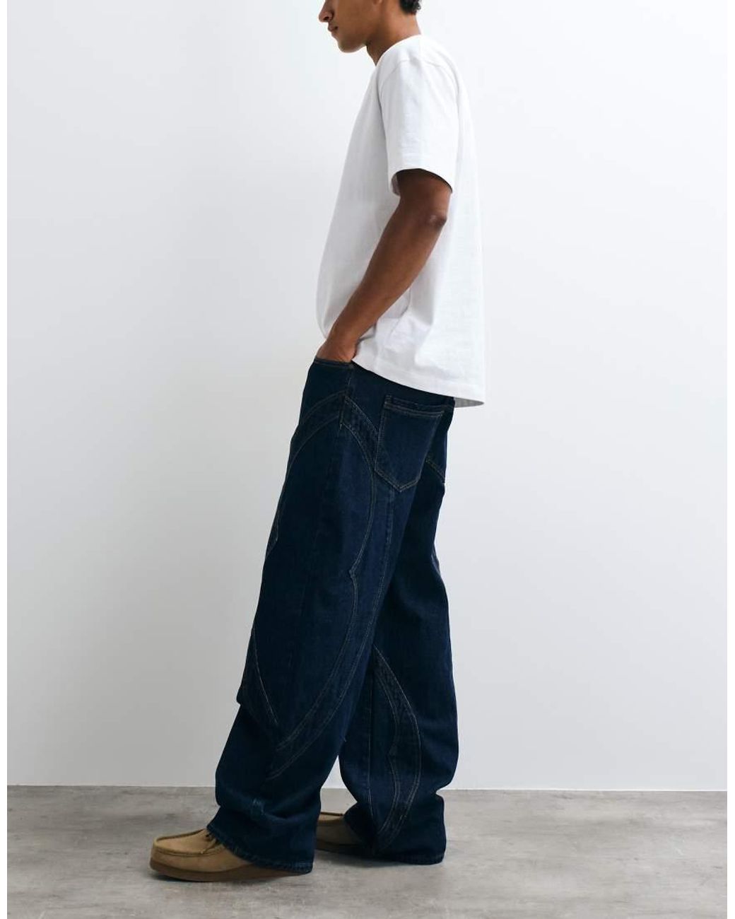 Liquor N Poker White Relaxed Baggy Seam Detail Fireman Clasp Jeans for men