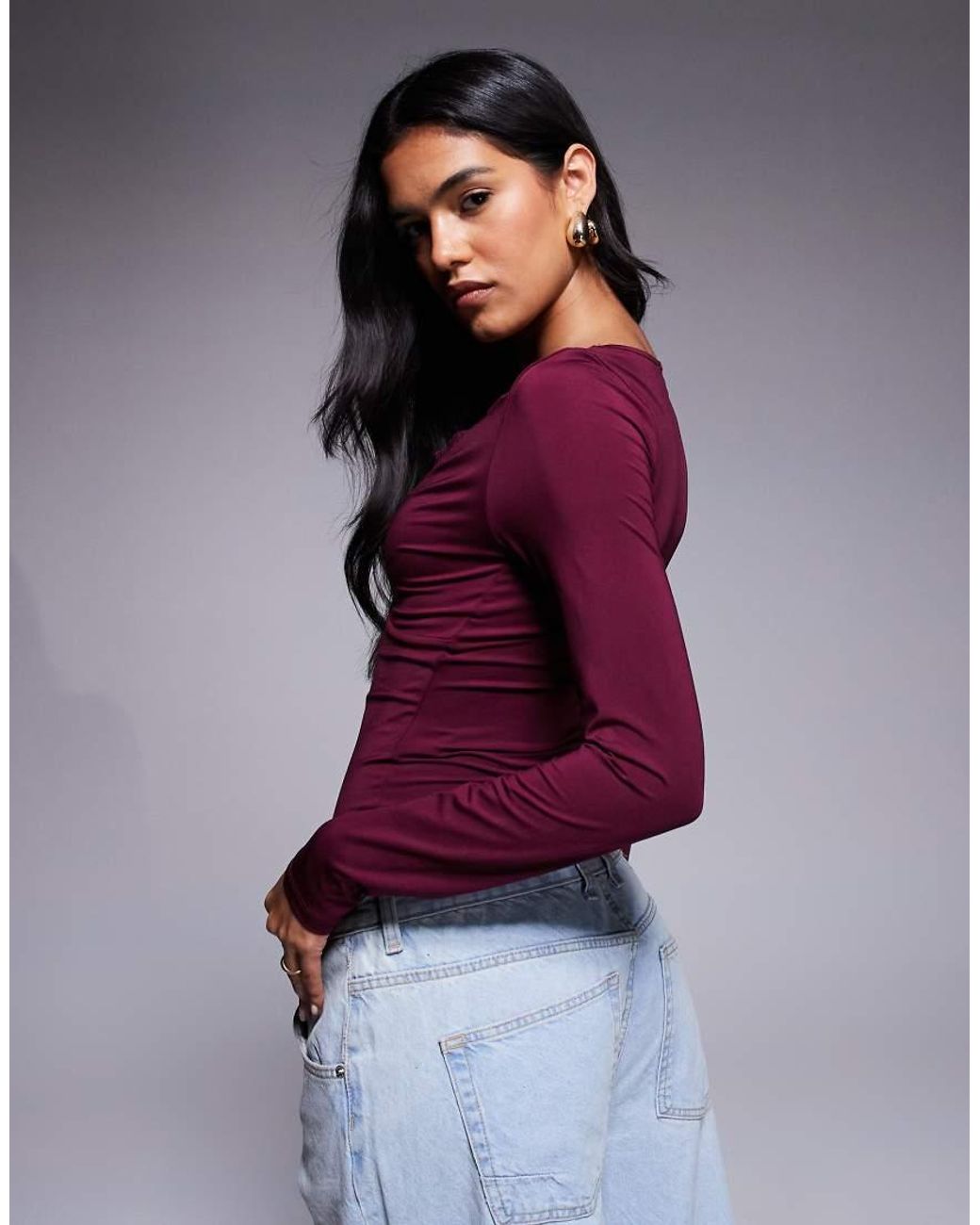 ASOS Soepele Top Met V-Hals, Lange Mouwen En Kant in het Purple