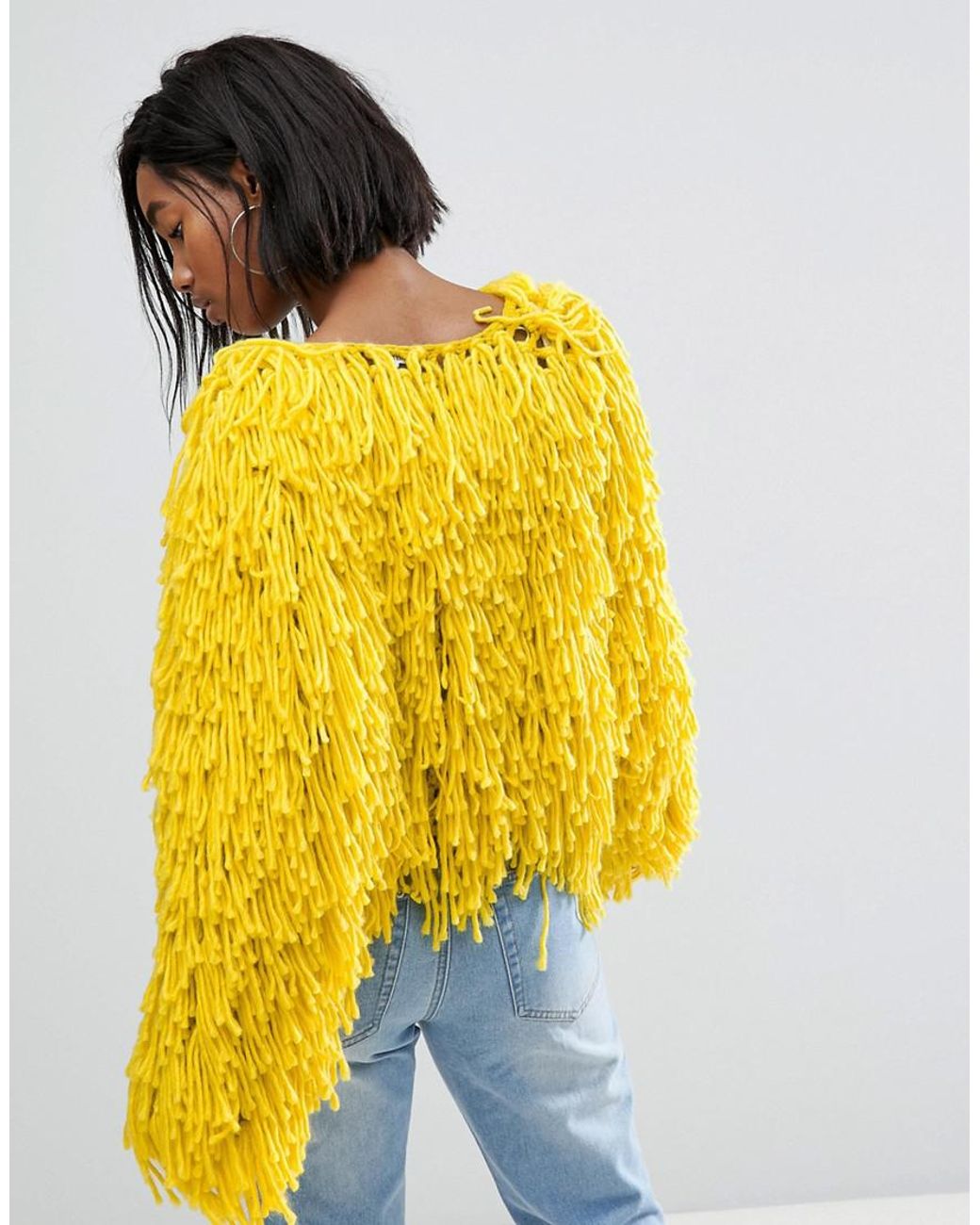 PrettyLittleThing Shaggy Cardigan in Yellow | Lyst