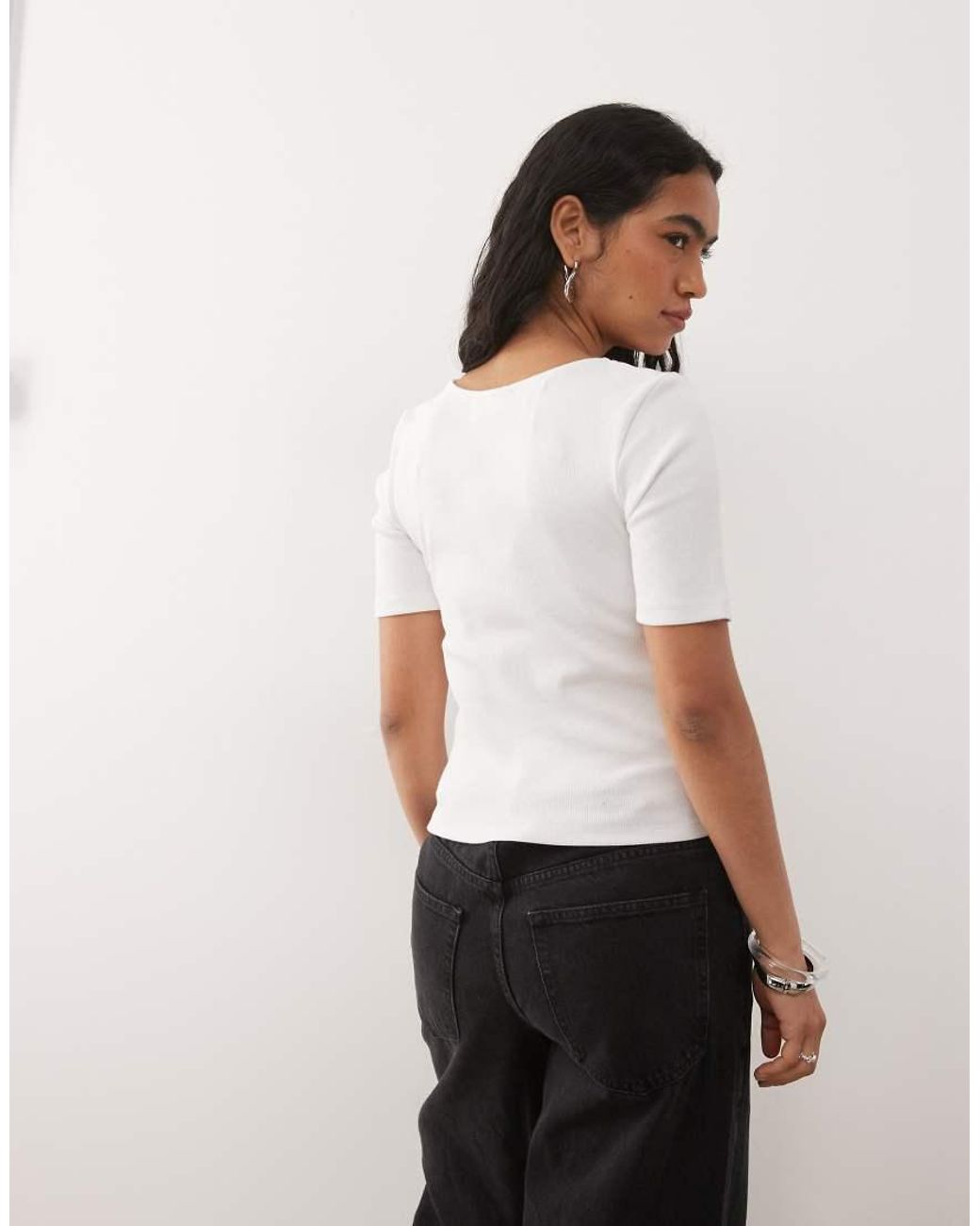 Noisy May White Ribbed Square Neck Rib T-shirt With Ruche Detail