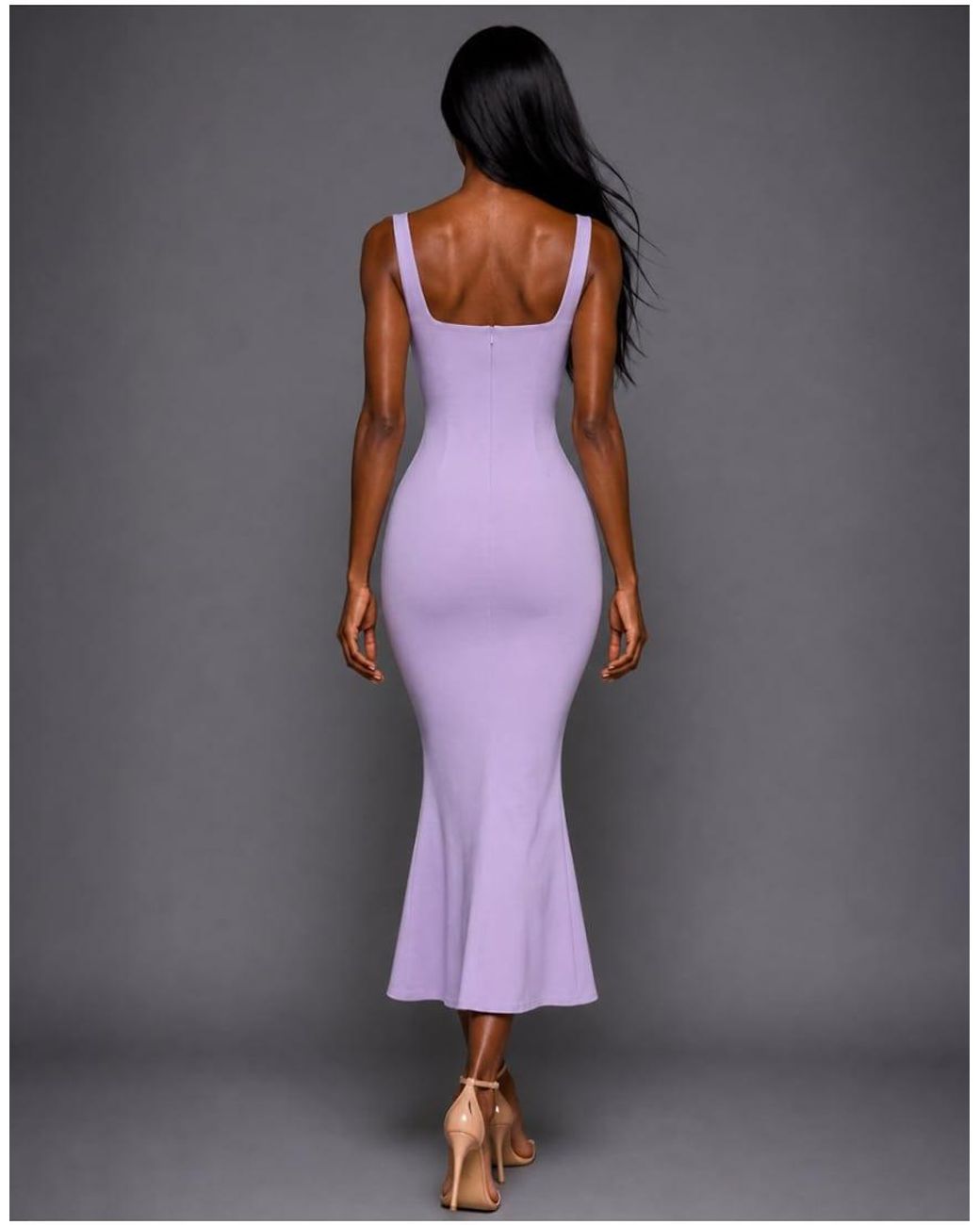 Vesper Gray Square Neckline Fishtail Midaxi Dress