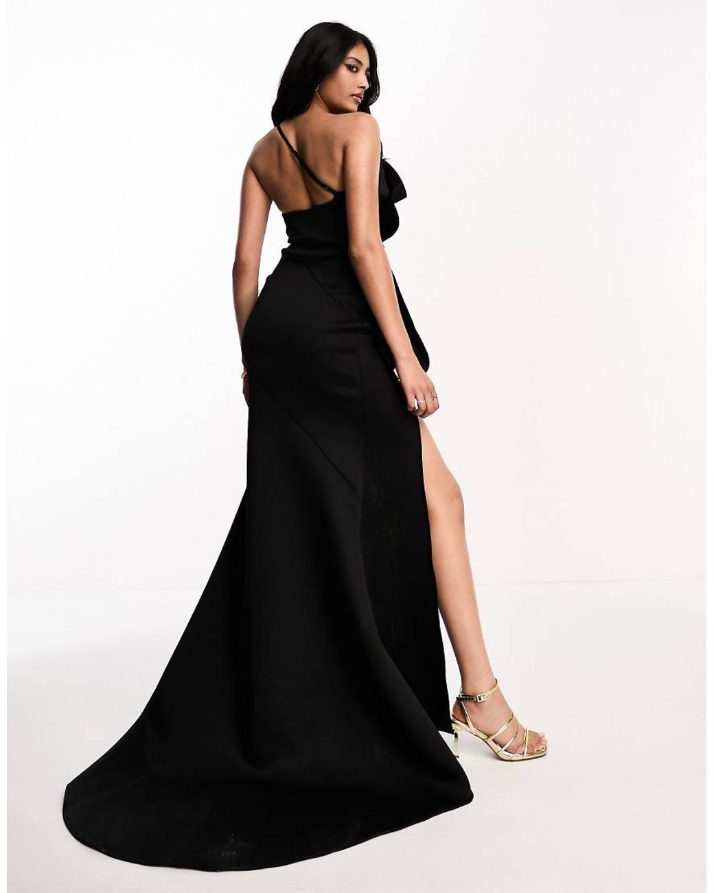 ASOS Black Bandeau Premium Fan Detail Bodycon Maxi Dress With Train