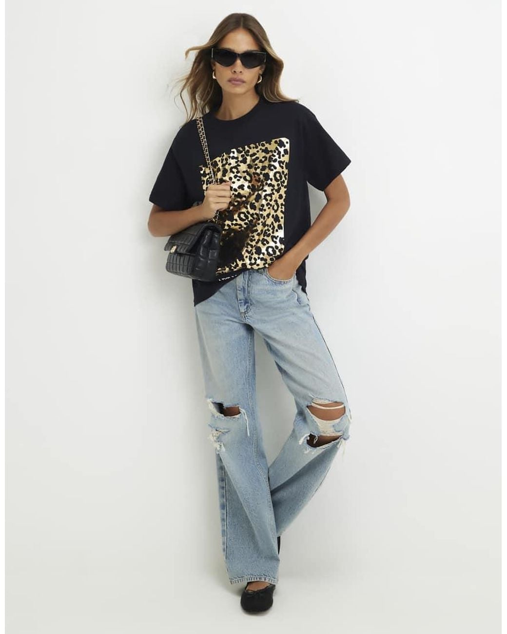 River Island Blue Cotton Leopard Print Foil T-Shirt