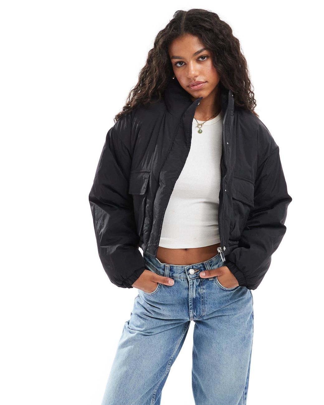 Brave Soul Blue Funnel Neck Short Padded Jacket With Pockets