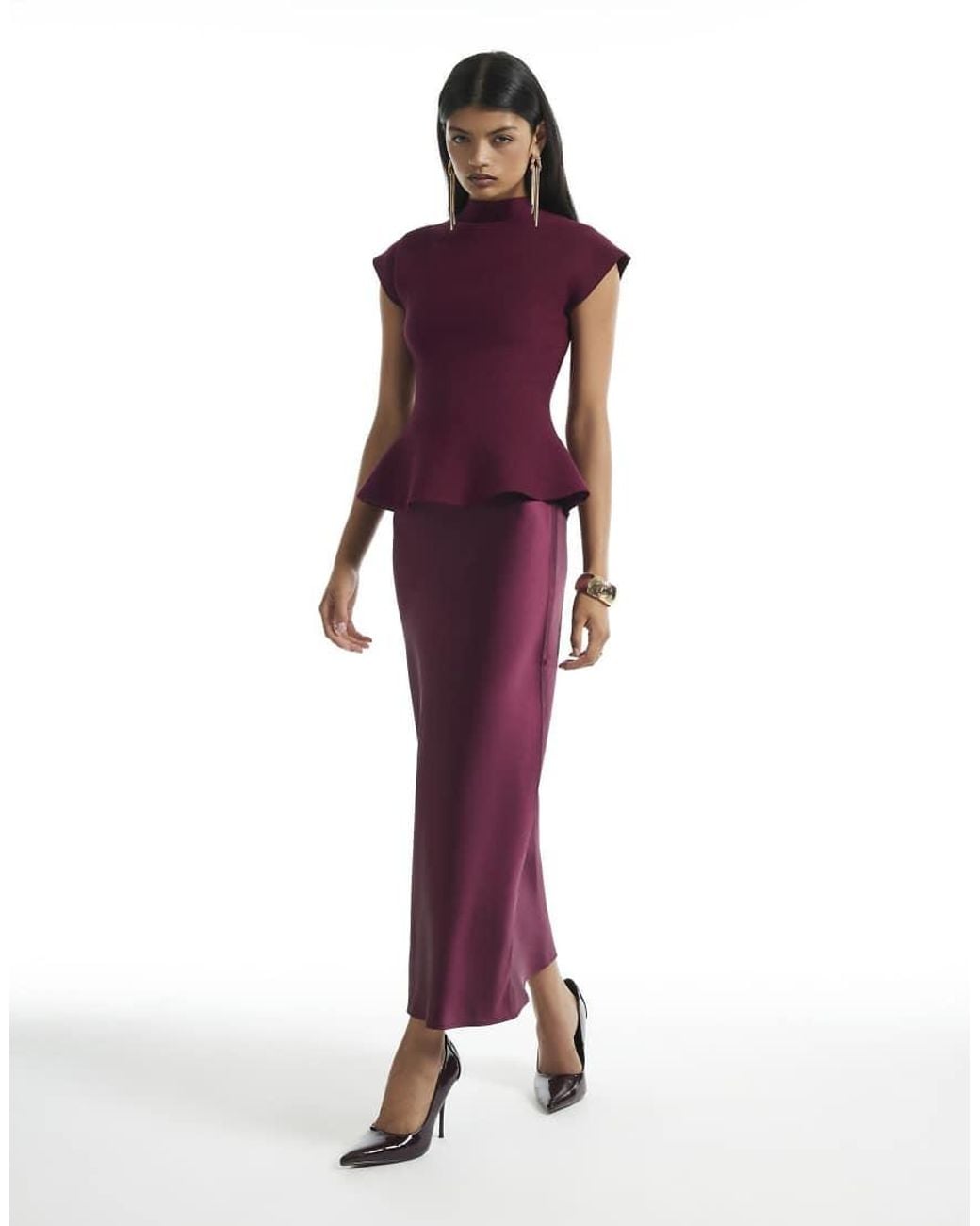 River Island Purple Burgundy Hybrid Satin Knit Peplum Maxi Dress