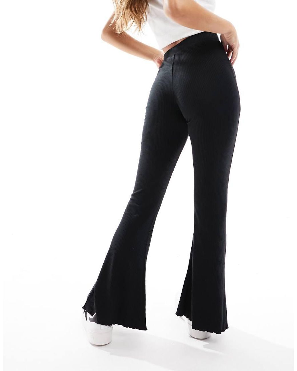 ASOS Black Asos Design Petite Rib Flare Trouser With Lettuce Hem