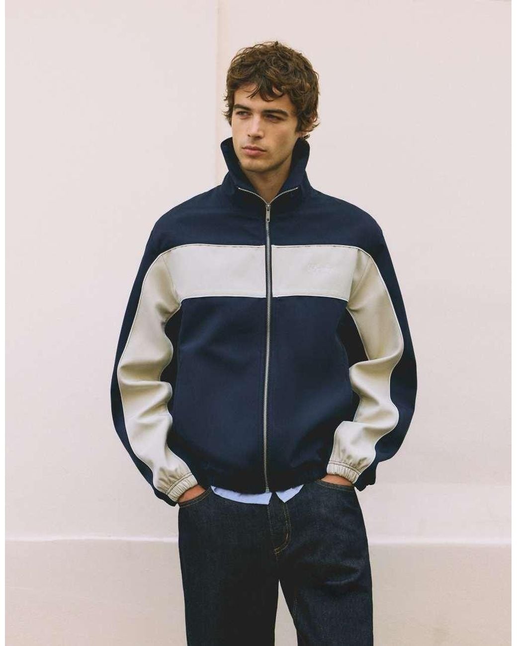 Pull&Bear Blue Zip-Up Panelled Jacket for men