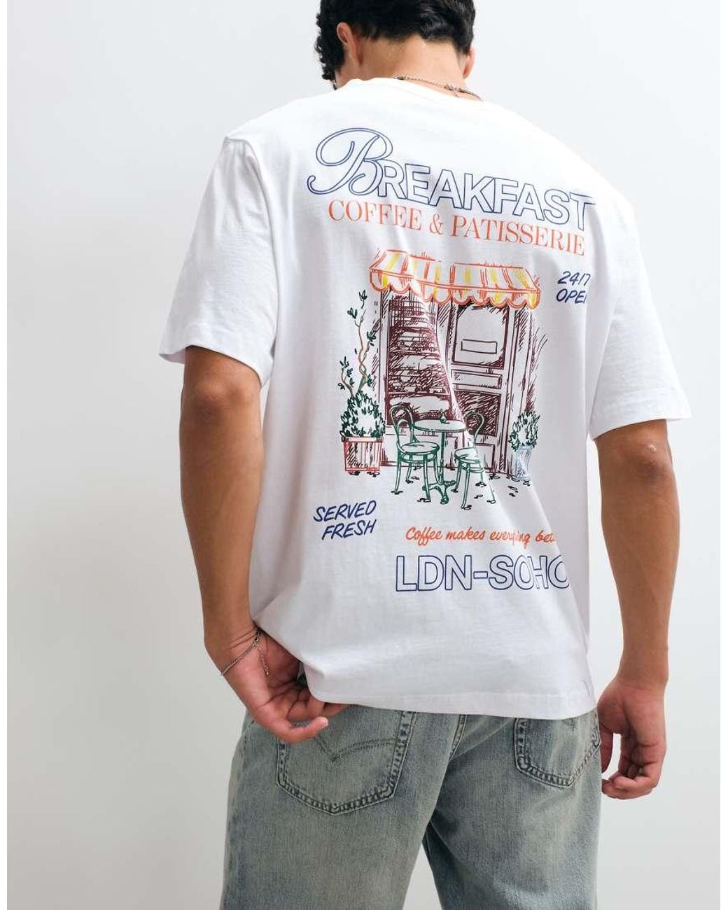 Jack & Jones White Breakfast Sketch Backprint T-shirt for men