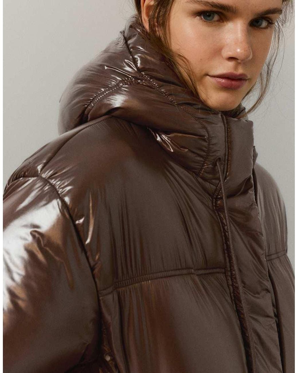 Pull&Bear Brown Cropped Puffer Jacket With Hood