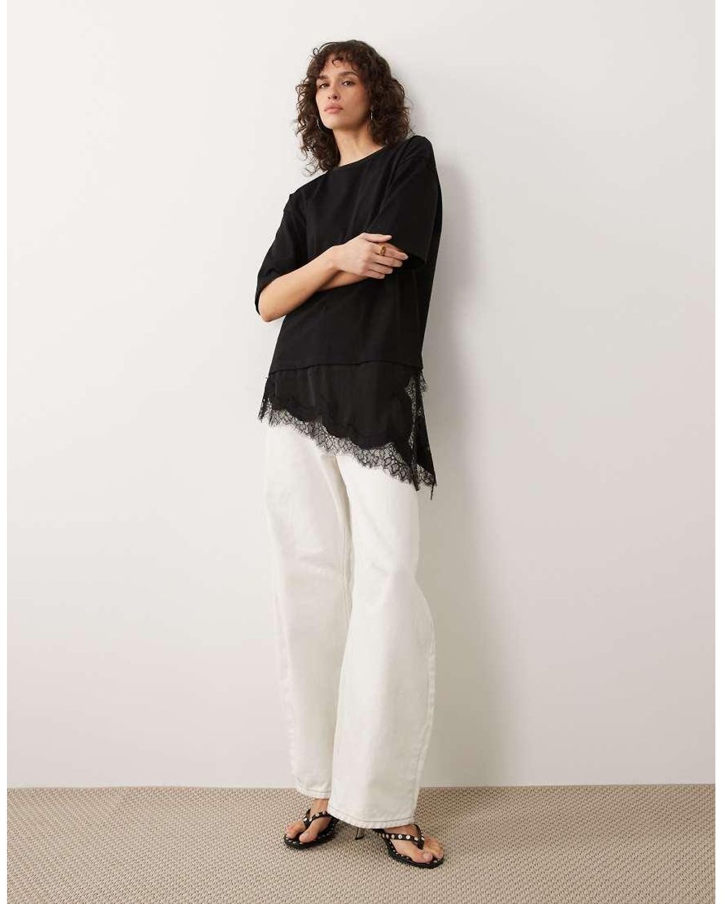 Jdy Black Oversized T-shirt With Lace Details