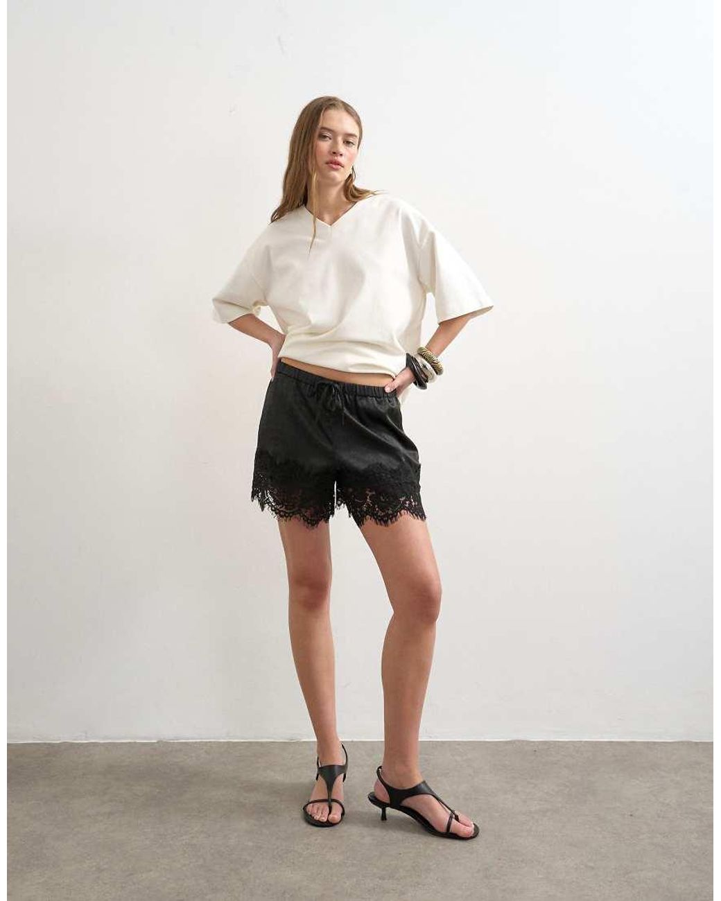 TOPSHOP White Satin Lace Insert Short