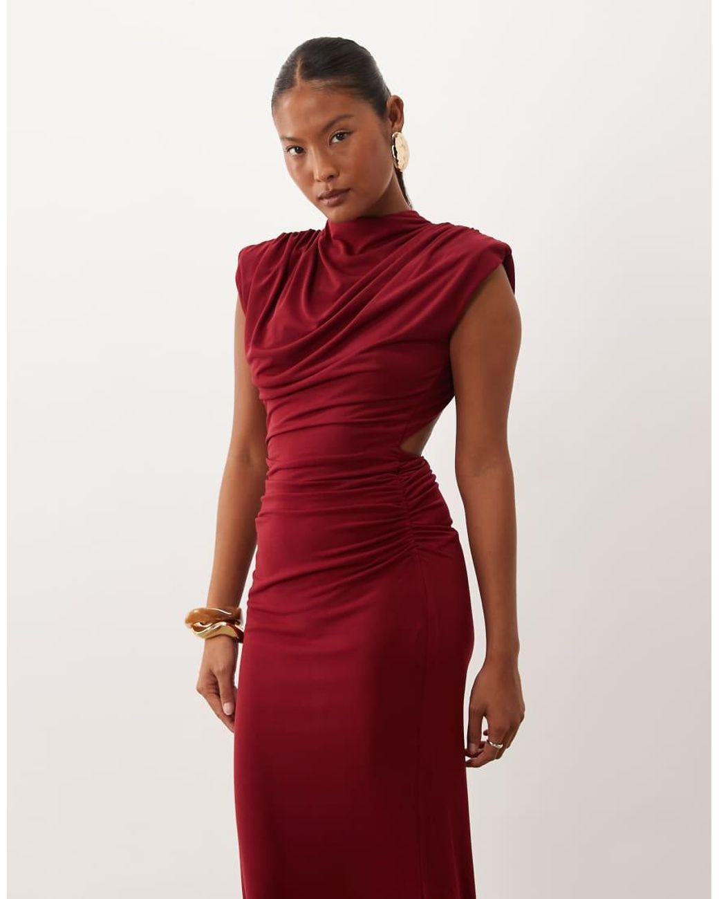 TFNC London Red Slinky Draped High Neck Shoulder Pad Open Back Maxi Dress