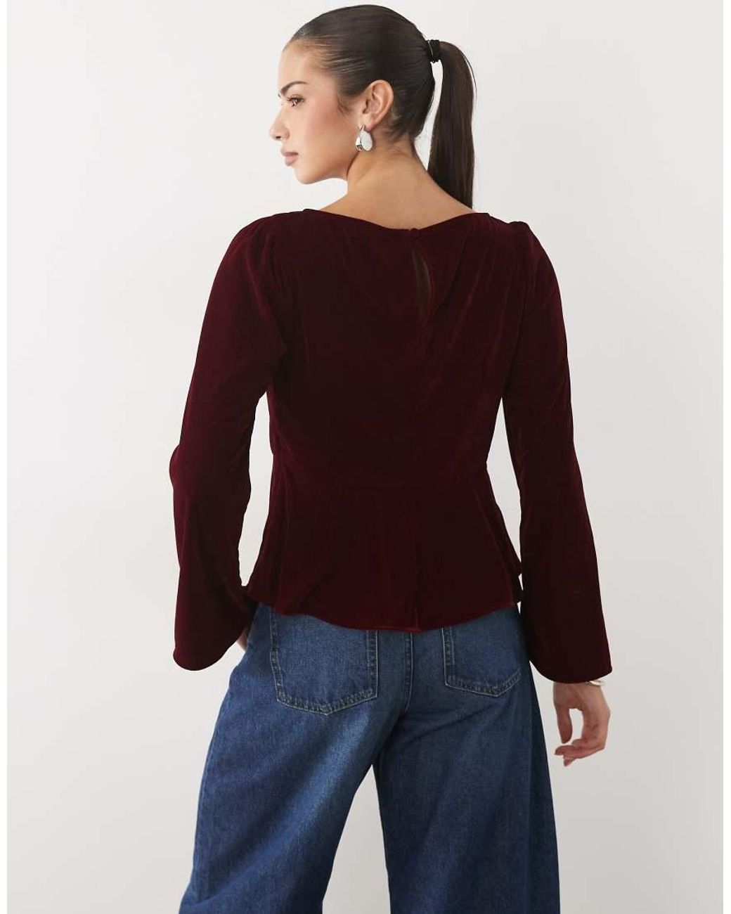 Nobody's Child Red Eva Velvet Boat Neck Flare Sleeve Top