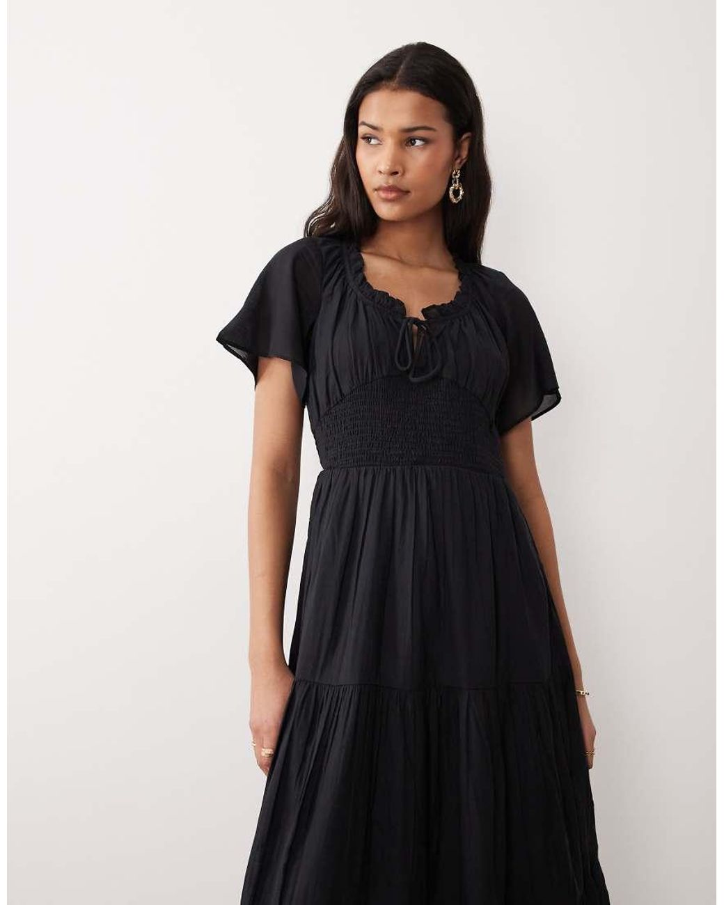 Nobody's Child Black Caliope Cap Sleeve Shirred Bodice Detail Midi Dress