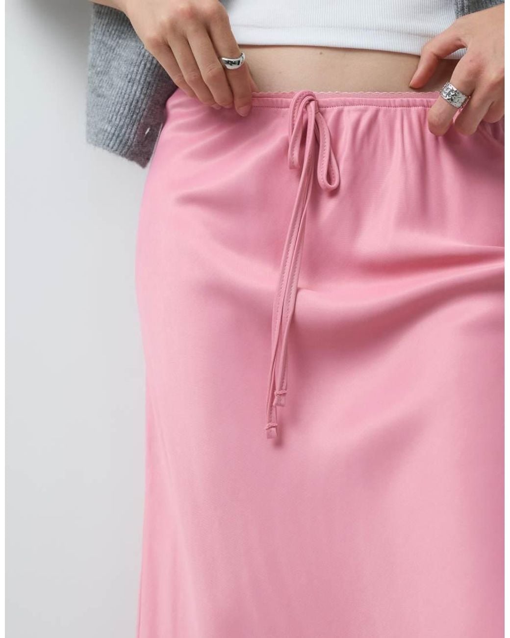 Reclaimed Vintage Pink Awkward Length Satin Midi Skirt With Lace Trim