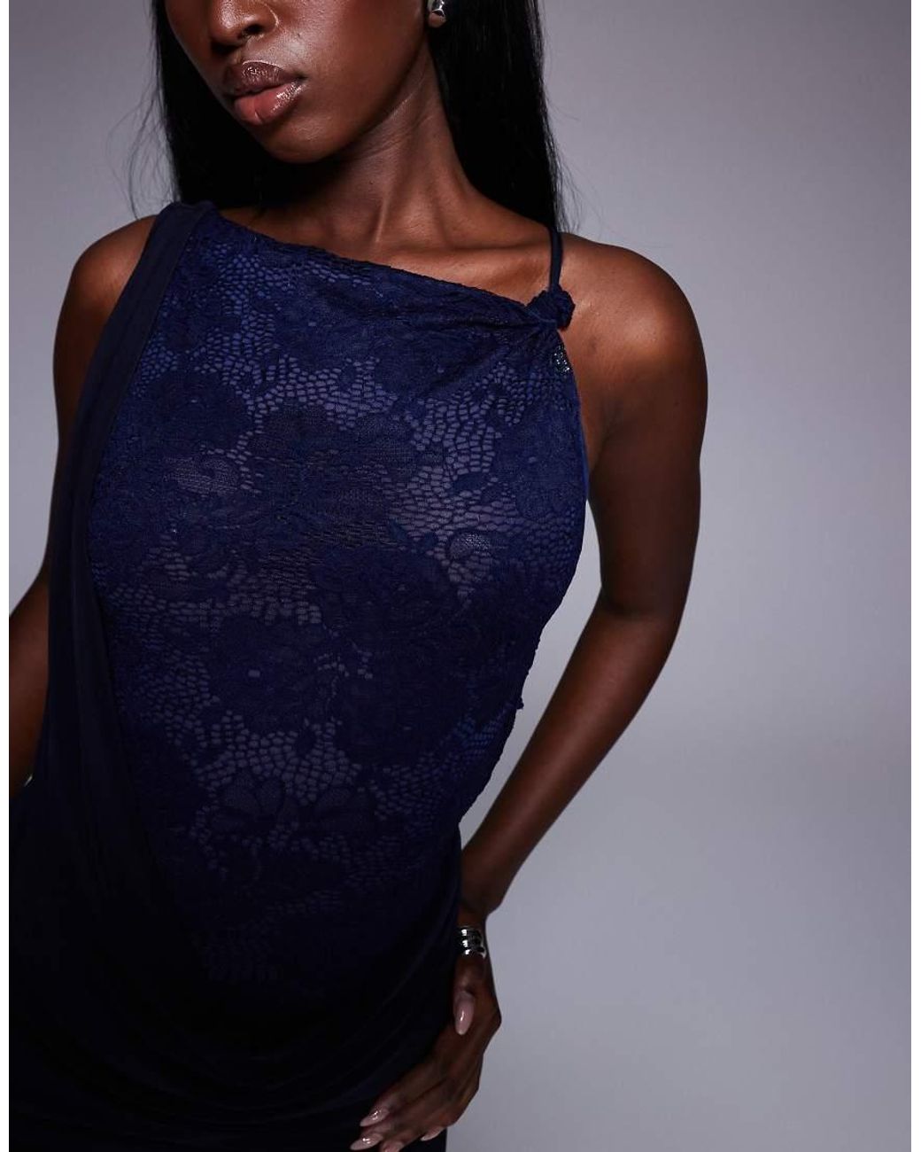 ASOS Blue High Neck Lace Panelled Draped Maxi Dress
