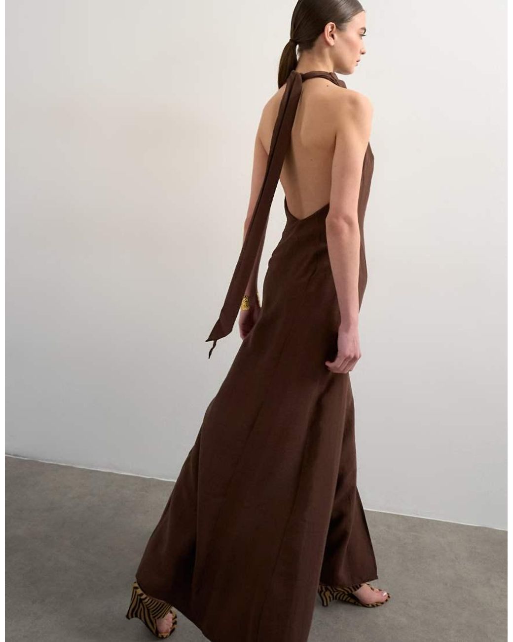 TOPSHOP Brown Halter Cowl Maxi Dress