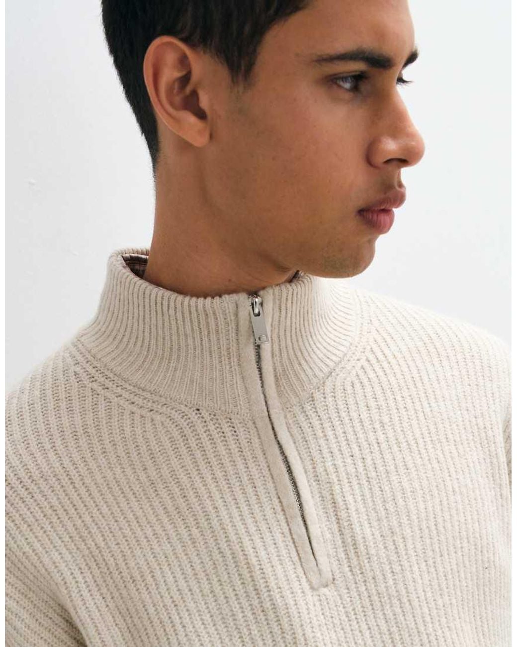New Look Natural Fisherman Knit 1/4 Zip Jumper for men