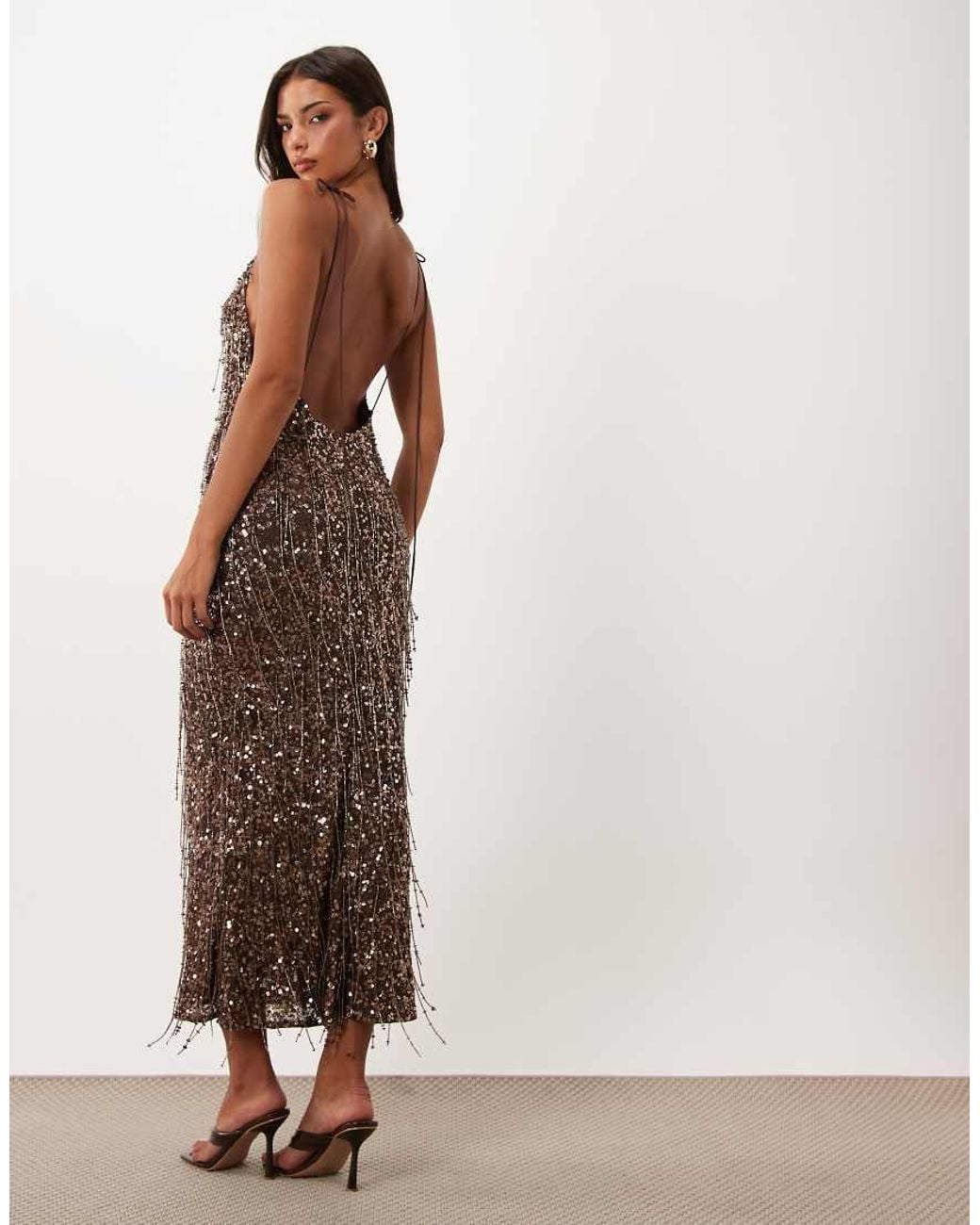 ASOS Brown Mixed Sequin Plunge Cami Maxi Dress