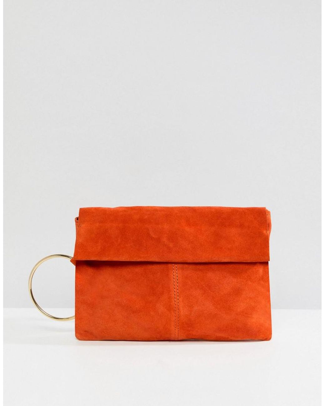 ASOS Suede Ring Grab Clutch Bag in Orange | Lyst