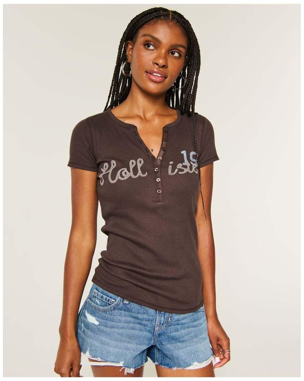 Hollister Brown Short-Sleeve Logo Graphic Henley