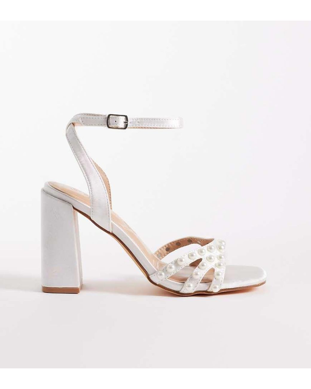SEQWL Wide Fit White Clark Pearl Embellished Block Heeled Sandal