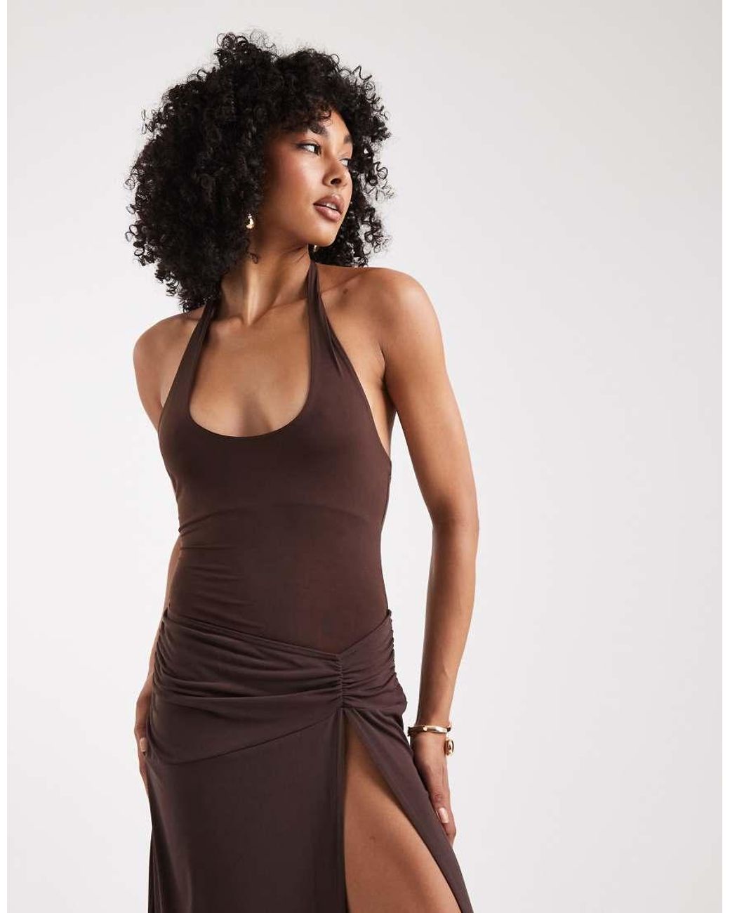 Miss Selfridge Brown Halter Neck Maxi Dress