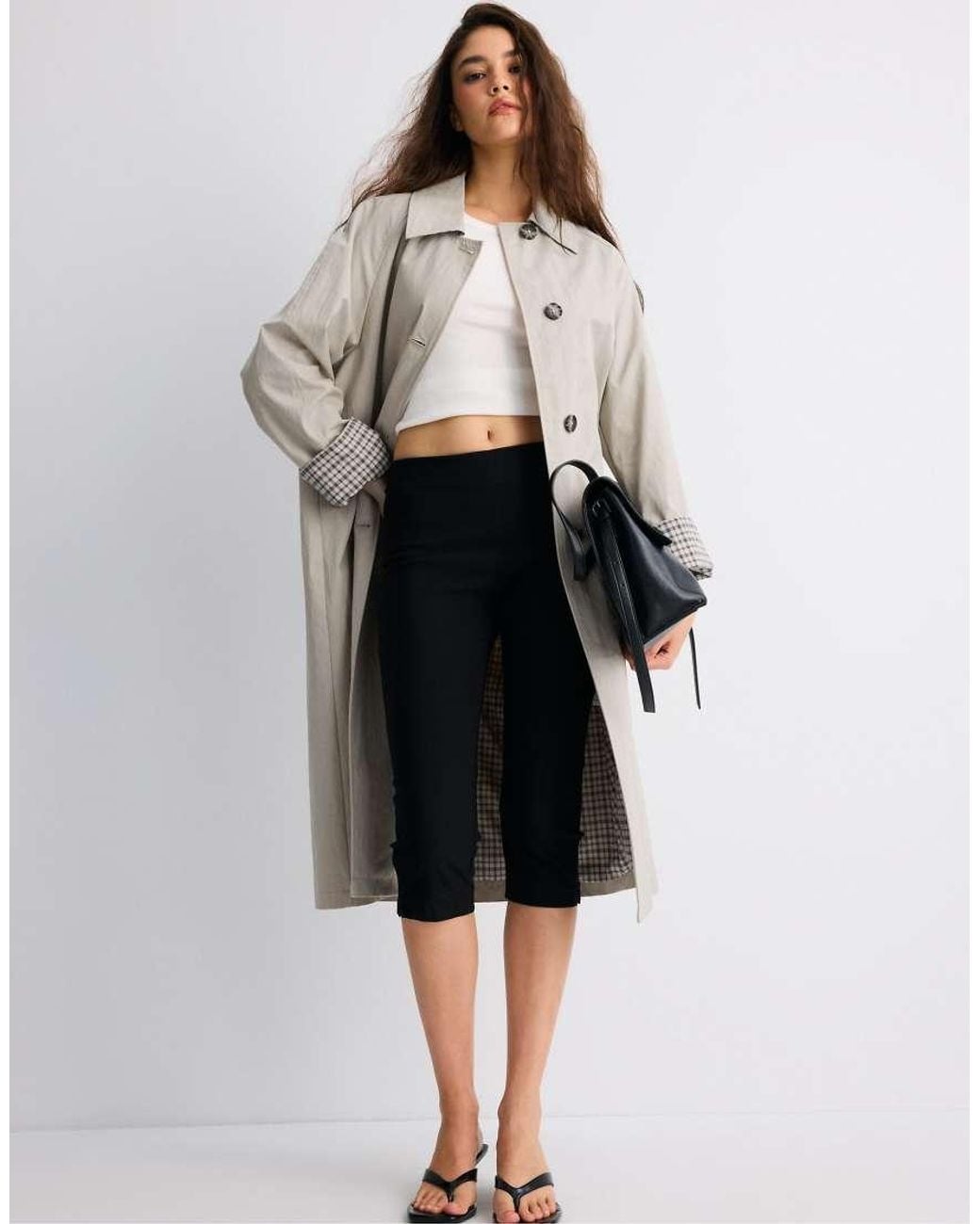 Stradivarius Black Check-lined Long Trench Coat