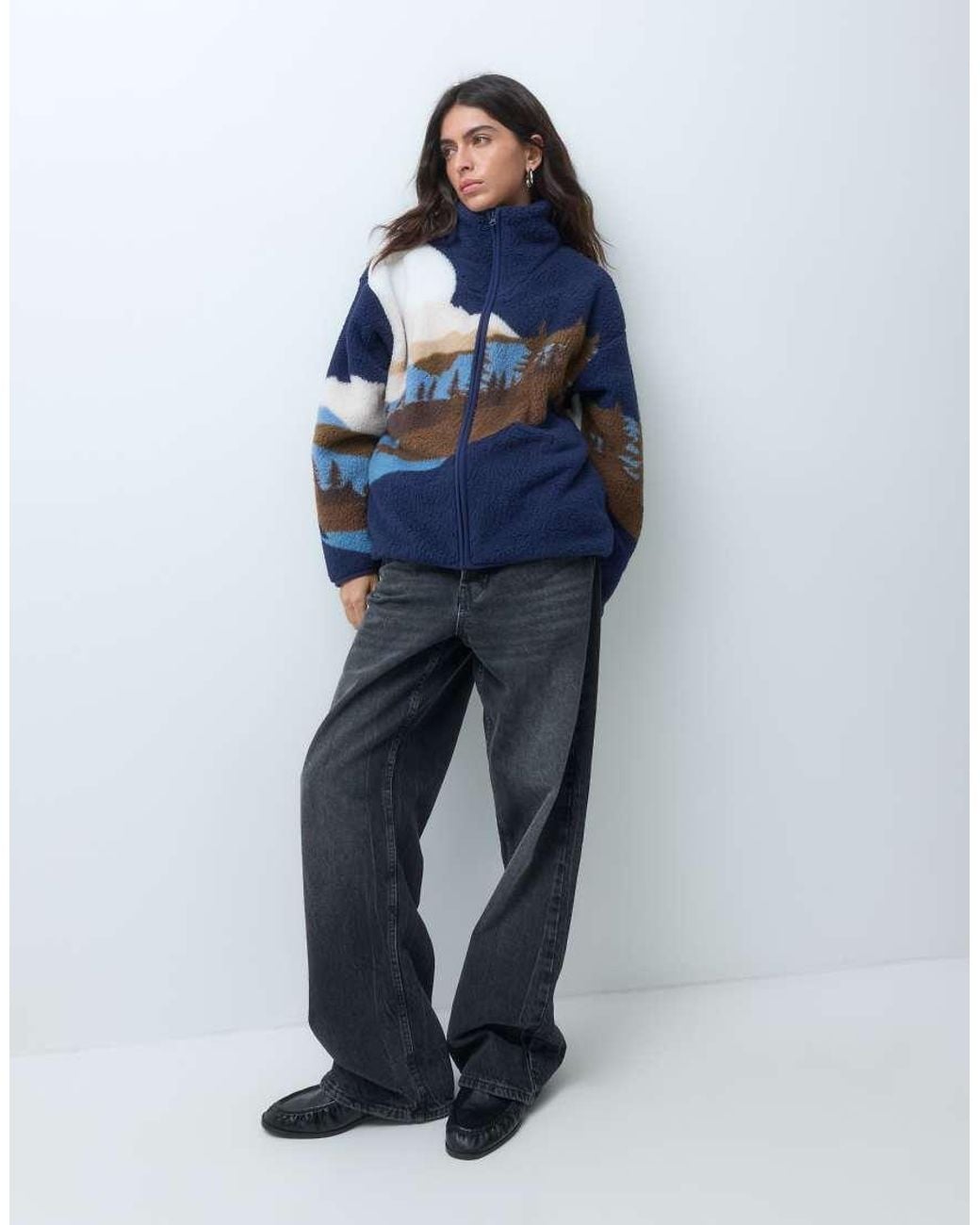 Brave Soul Blue Zip Through Fleece With Landscape Graphic Print