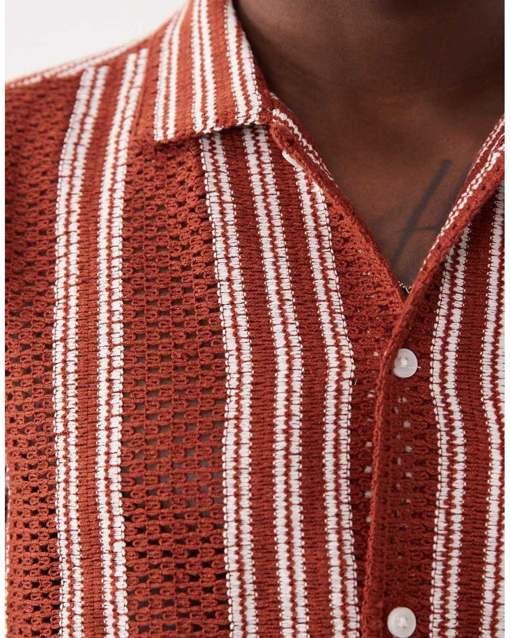New Look Red Co-Ord Crochet Stripe Shirt for men