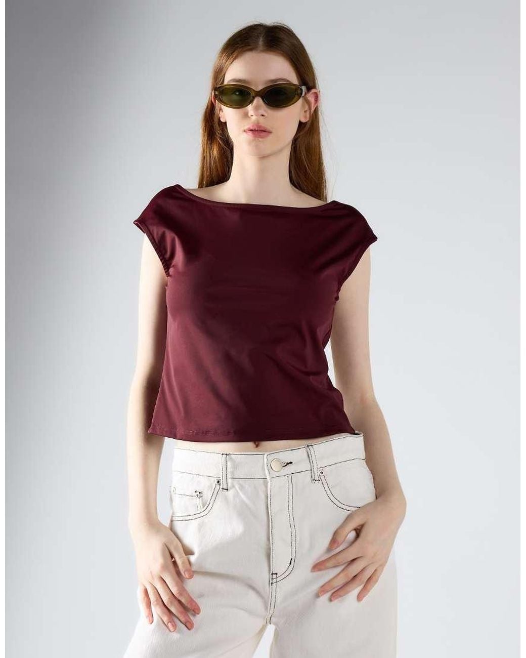 Glamorous White Open Square Back Cap-Sleeve Top