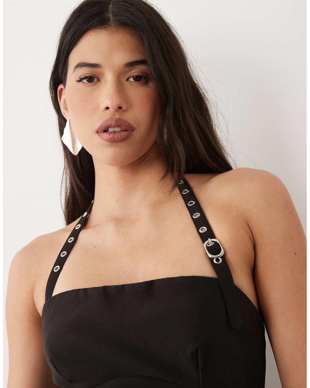 Kaiia Black Exclusive 90S Eyelet Buckle Detail Halterneck Top Co-Ord