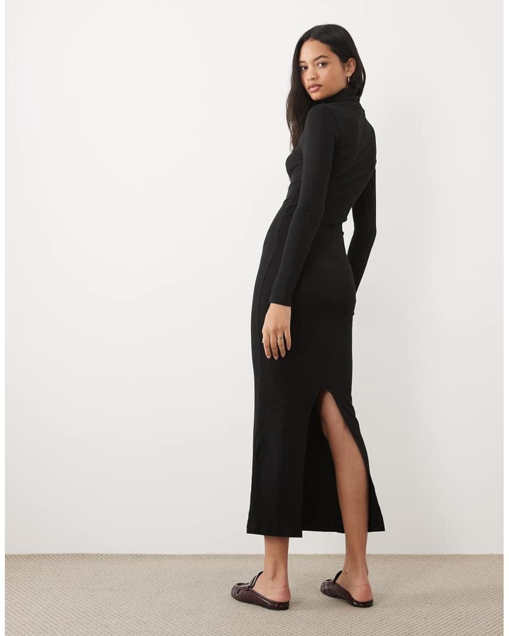 Brave Soul White Ribbed Long Sleeve Roll Neck Maxi Dress With Slit Detail