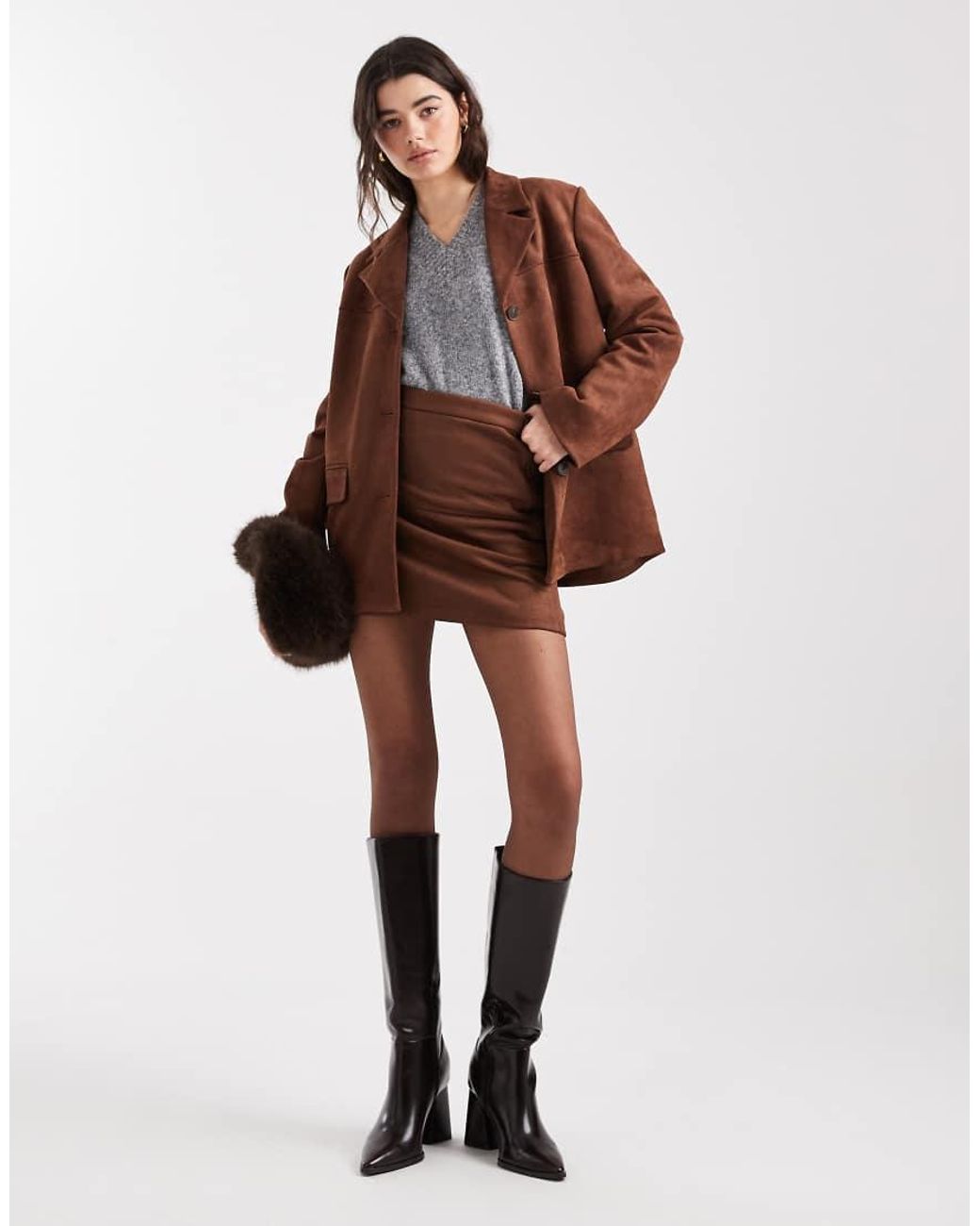 Pieces Brown Faux Suede Mini Skirt Co-ord