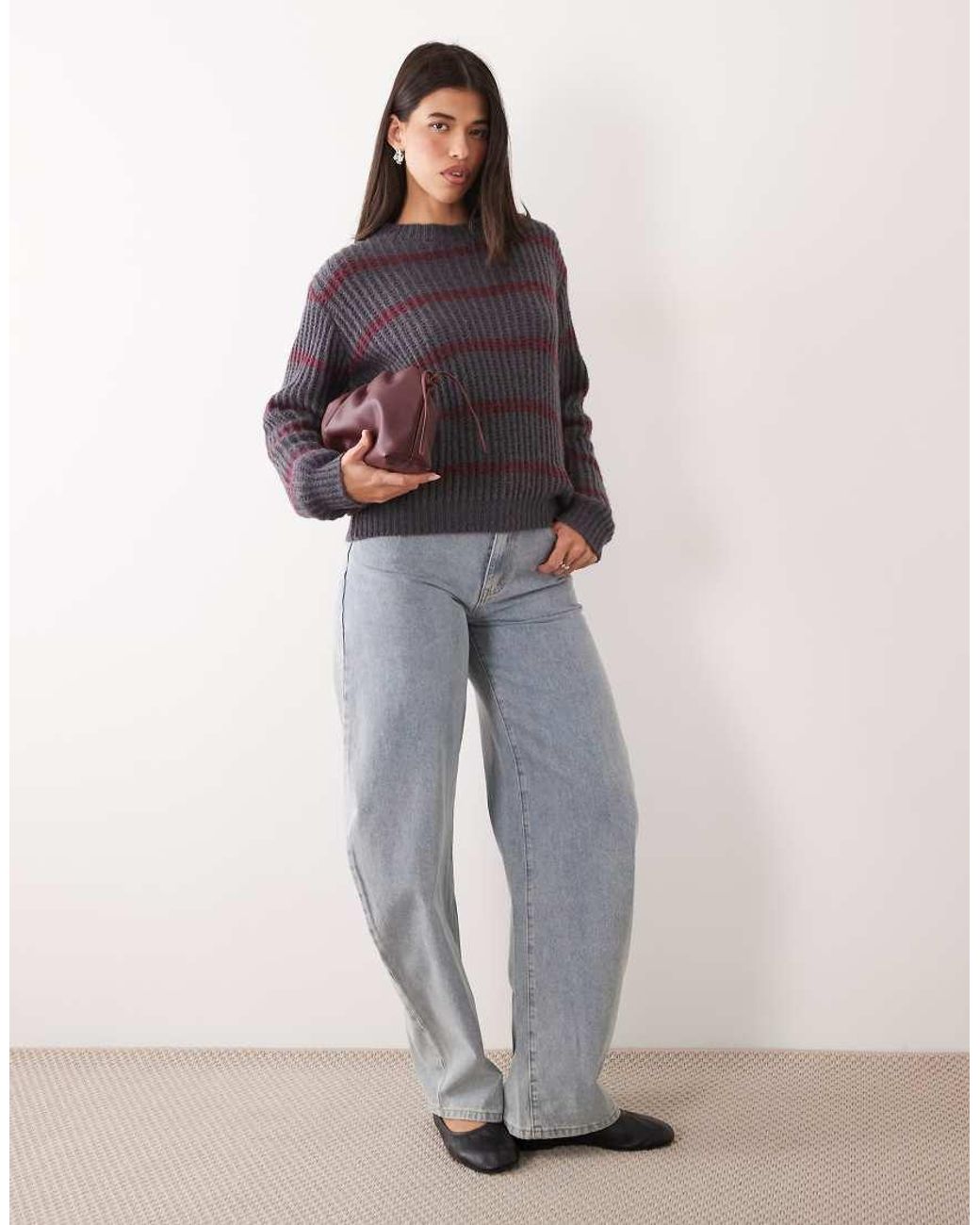 Motel Gray Namirta Stripe Crew Neck Sweater