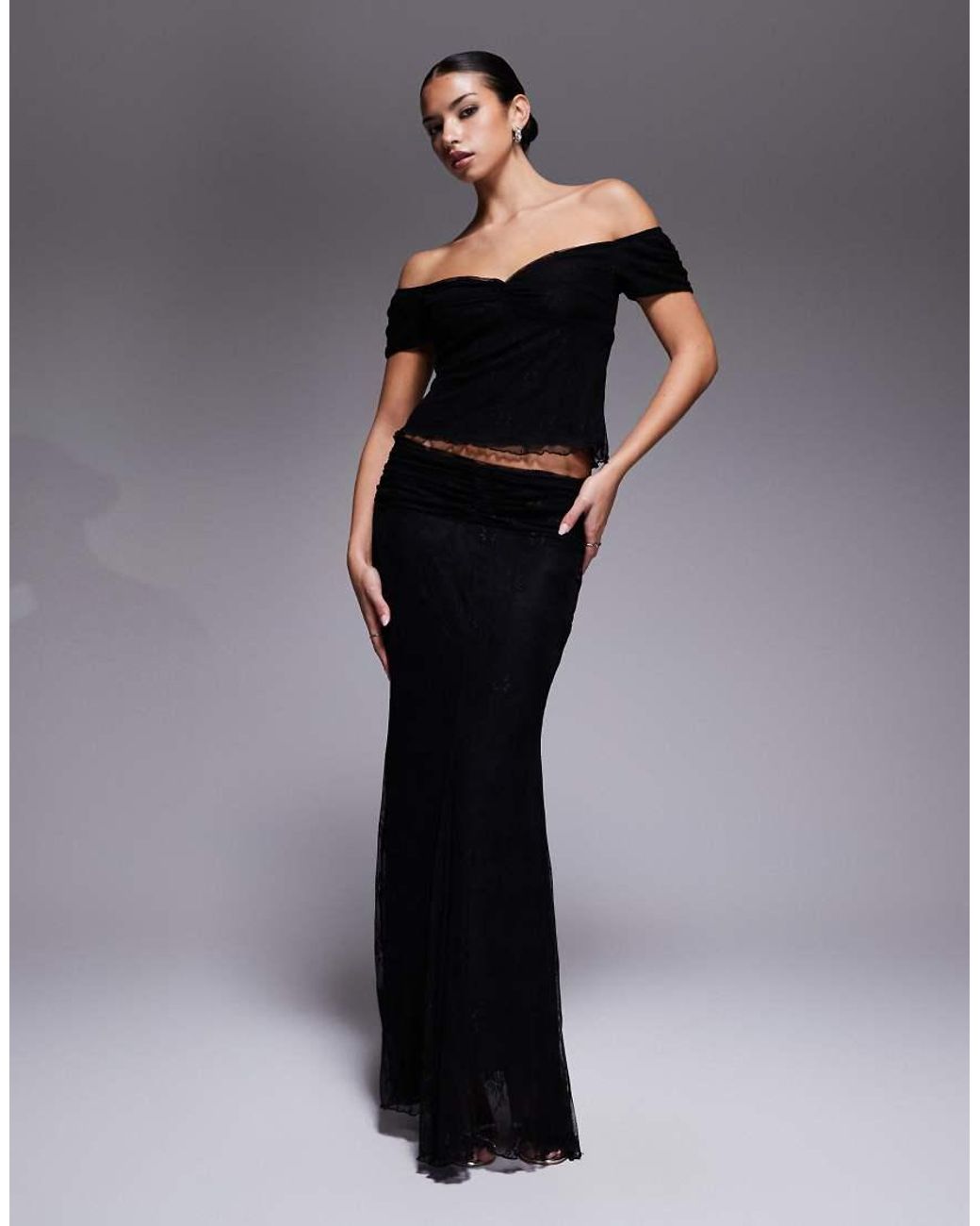 Fashionkilla Black Exclusive Floral Lace Mesh Overlay Sweetheart Neckline Off Shoulder Floaty Hem Top Co-ord