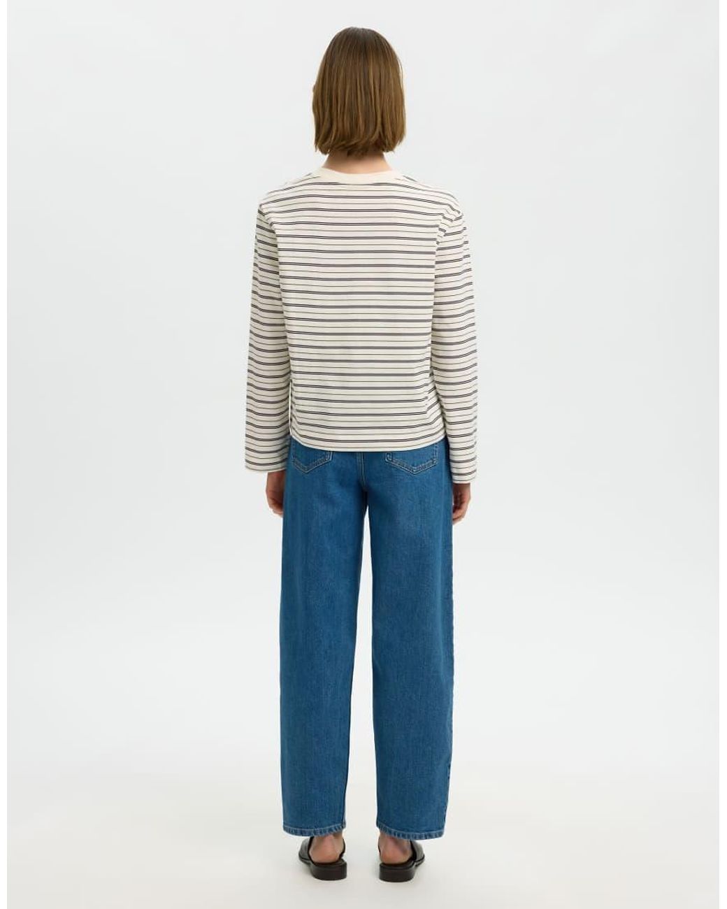 SELECTED White Essential Striped Boxy Fit Crew Neck Long Sleeve T-shirt