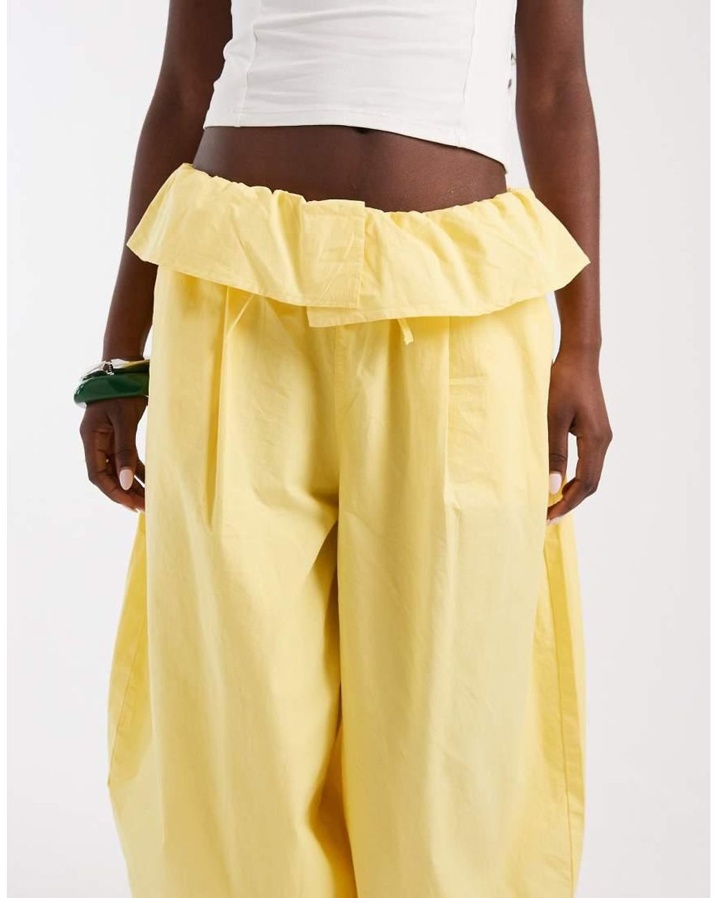 ASOS Yellow Poplin Fold Over Pleated Wide Leg Trouser