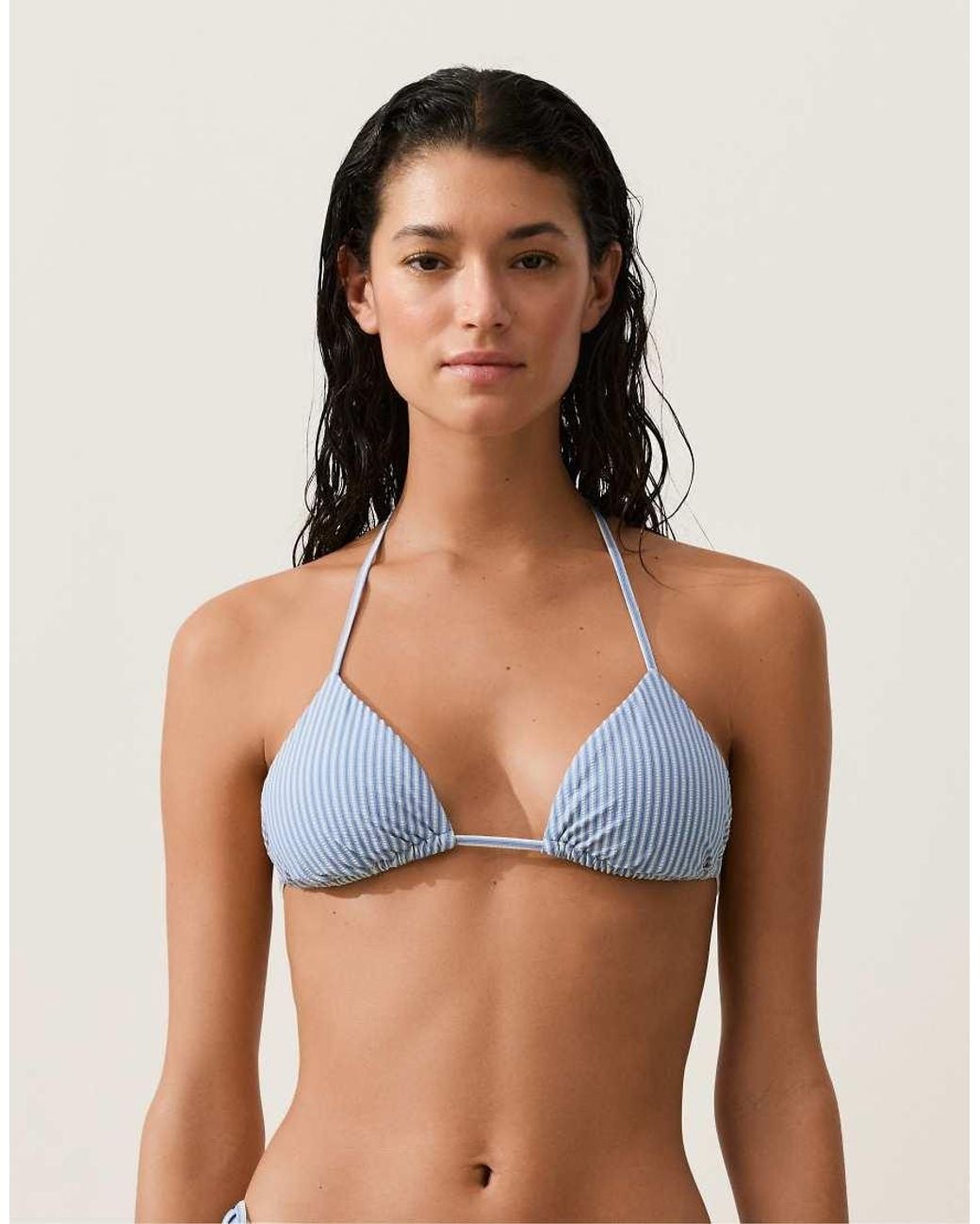 Oysho Blue Textured Stripe Triangle Bikini
