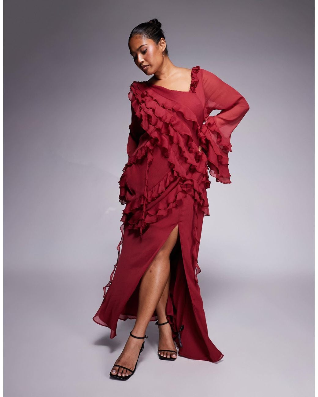 ASOS Asos Design Curve Chiffon Long Sleeve Asymmetric Tie Soft Ruffle Maxi  Dress in Red | Lyst