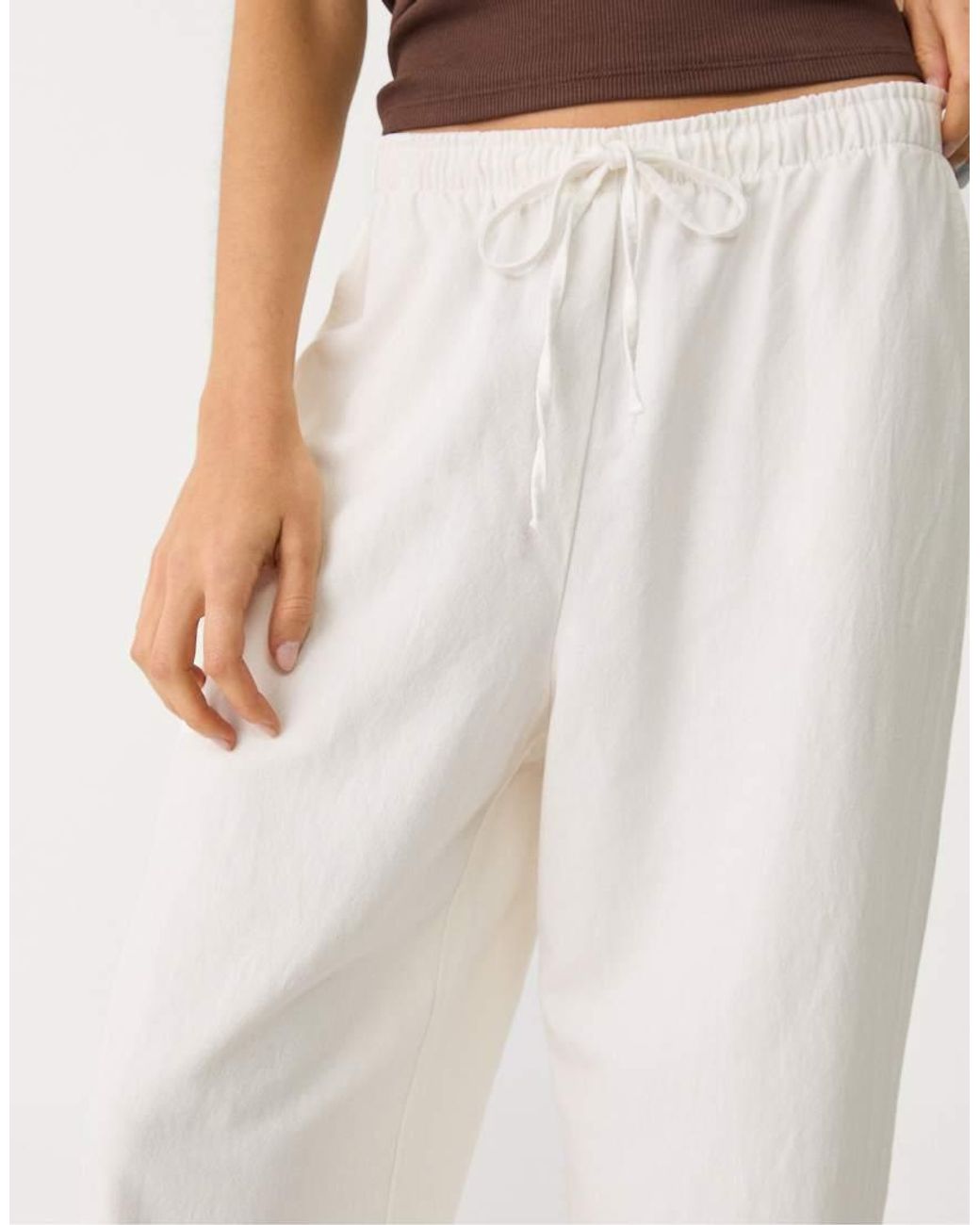 Stradivarius White Petite Flowing Trousers With Linen