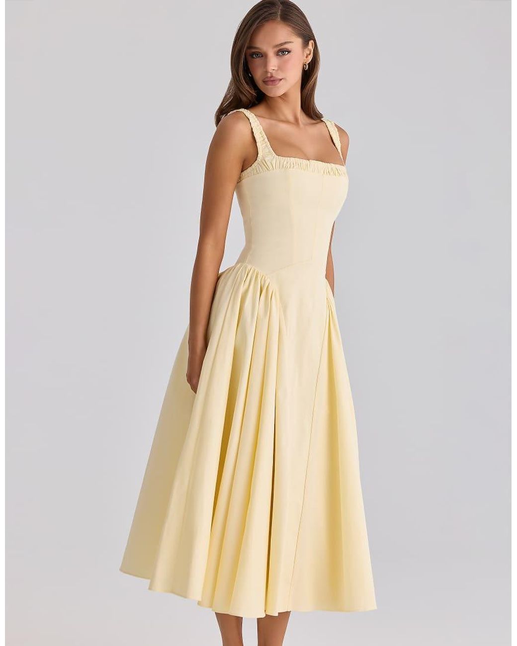 House Of Cb Natural Dorothy Lemon Cotton Midi Sundress