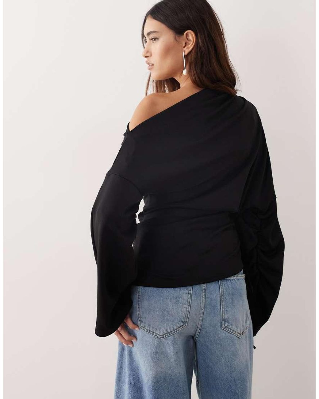 ARRANGE Black Jersey Off Shoulder Long Sleeve Top With Ruched Hem