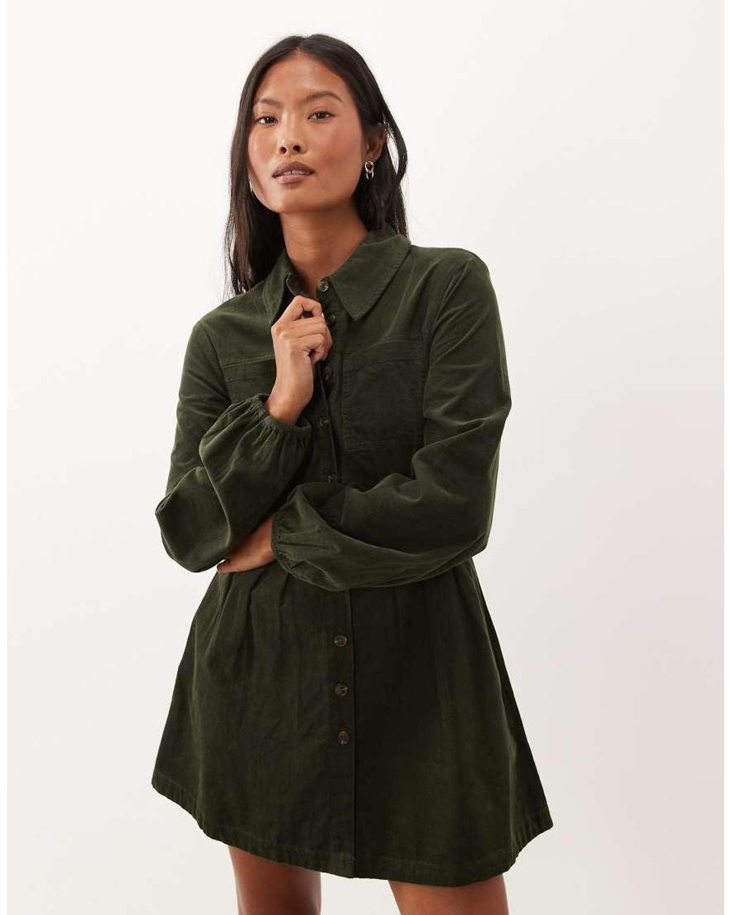 Nobody's Child Petite Green Montego Cord Button Through Pocket Detail Shirt Mini Dress