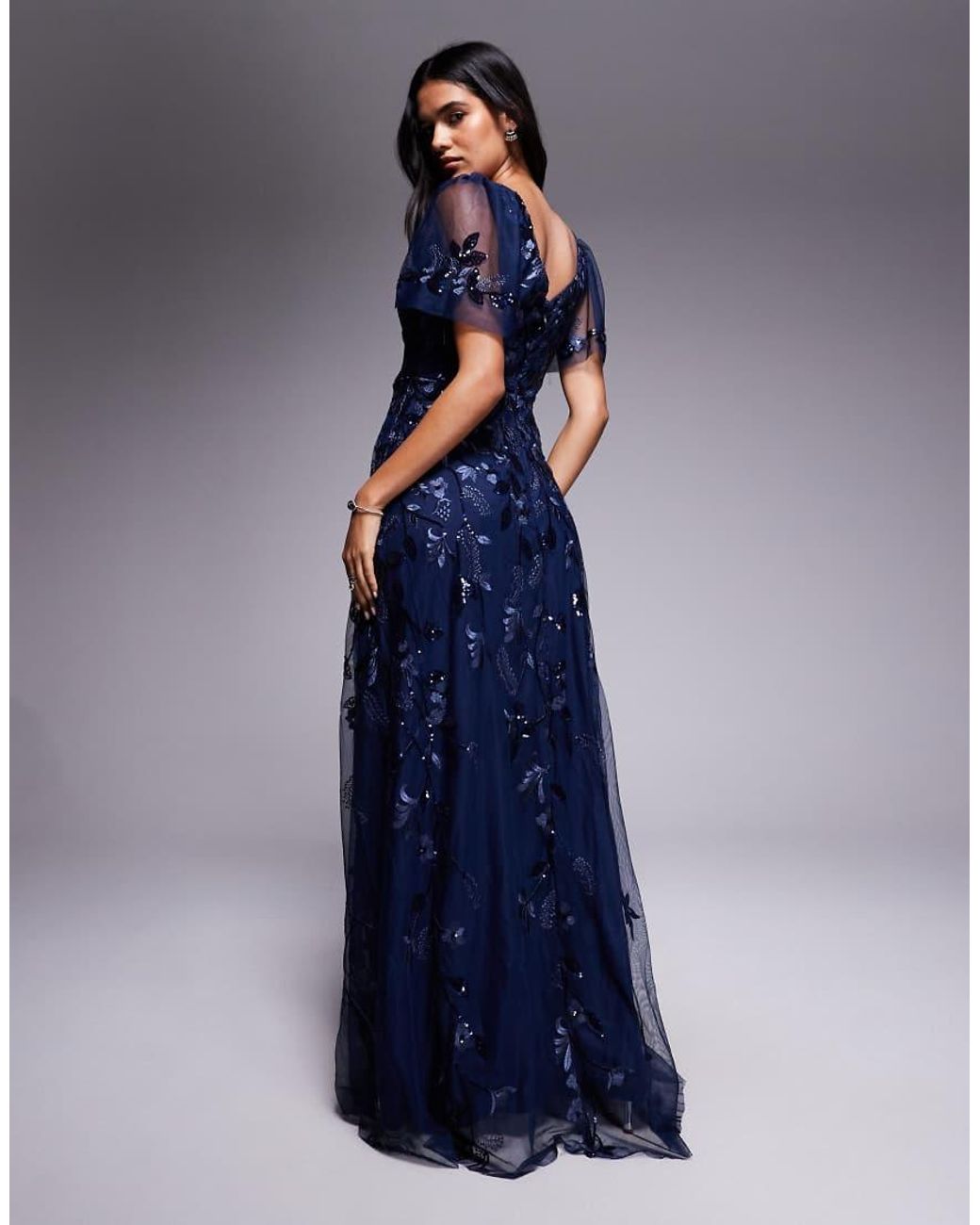 Goddiva Blue Flared Sleeve Embroidered Maxi Dress