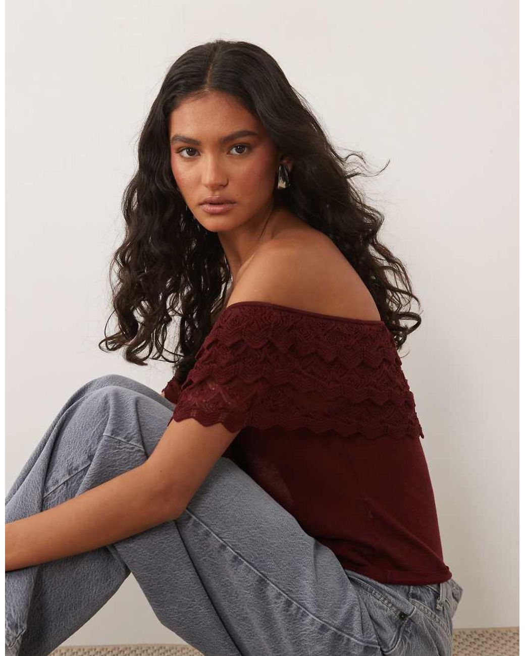 Miss Selfridge Black Knitted Frill Bardot Top