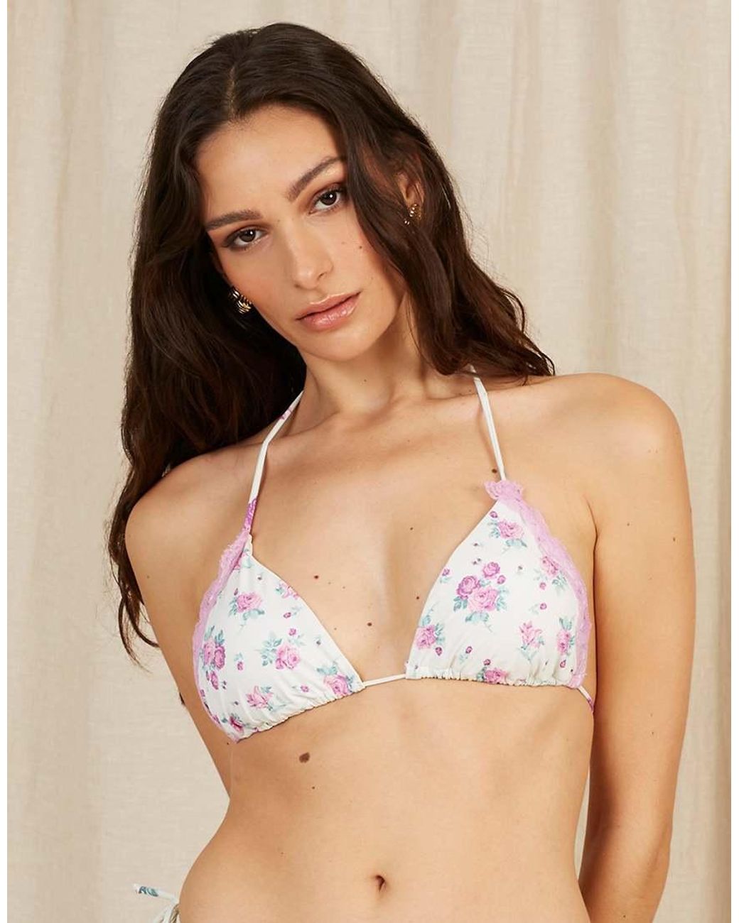 Going Somewhere Brown Lace Trimmed Floral Bikini Top