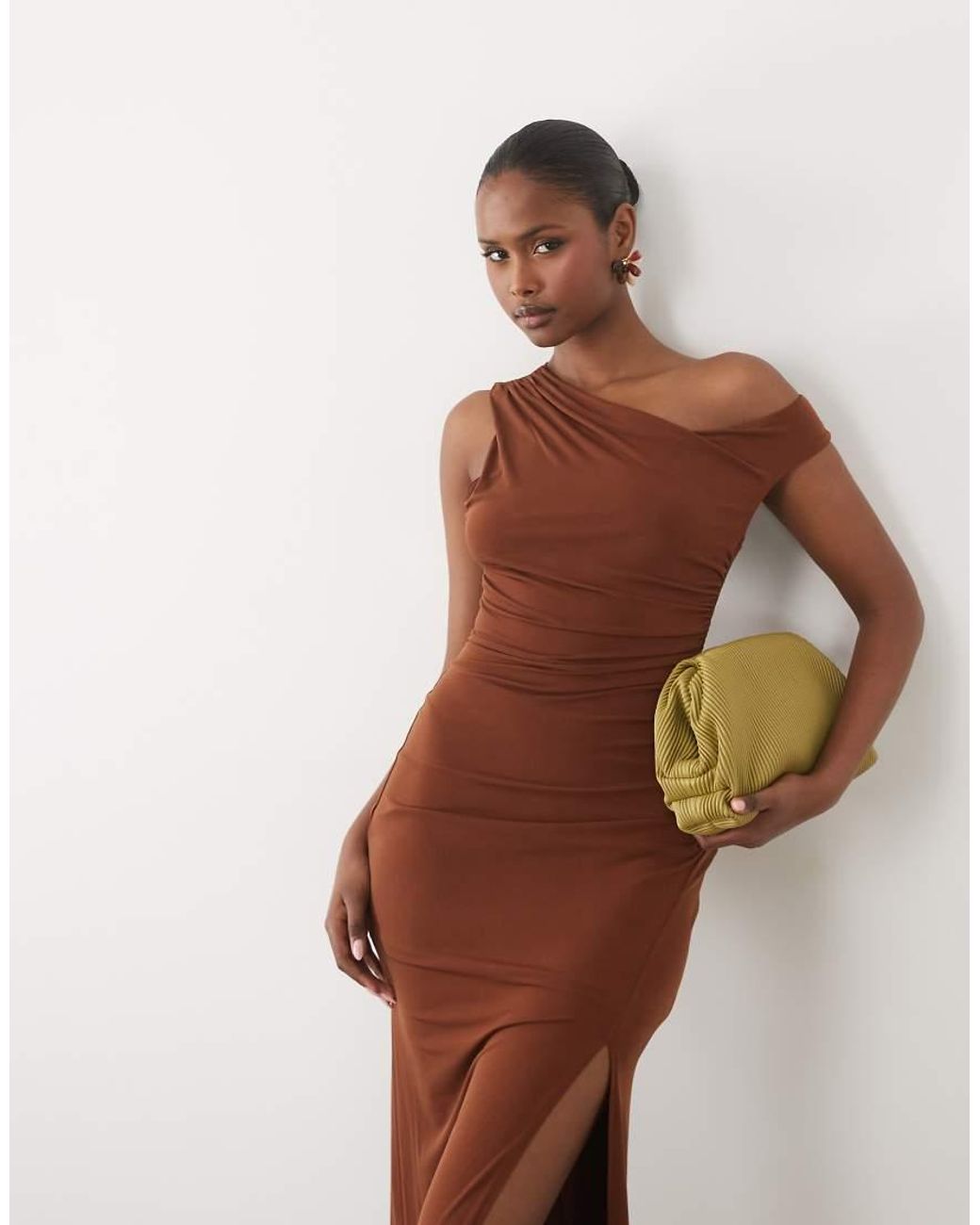 TFNC London Brown Slinky Fallen Shoulder Thigh Split Maxi Dress